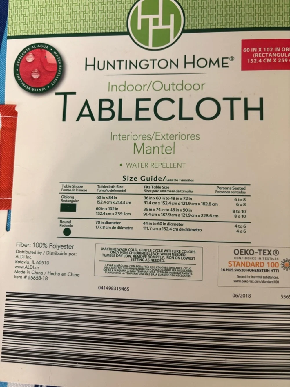 HUNTINGTON HOME Indoor/Outdoor Tablecloth 60” x 102” *NEW*